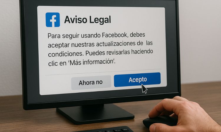 La imagen muestra un ordenador de escritorio con un aviso legal de facebook en pantalla. El texto indica que para seguir usando la red social se deben aceptar las nuevas condiciones, con las opciones “Ahora no” y “Acepto”. Se ve el cursor sobre el botón “Acepto”, mientras una mano maneja un ratón físico sobre el escritorio.