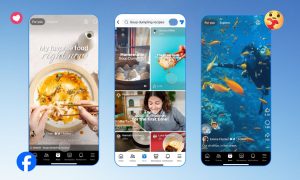 Against a light and dark blue gradient background appear three mobile screenshots showing Facebook's new features for Reels