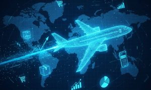 avión en tonos neón con logos de ecommerce