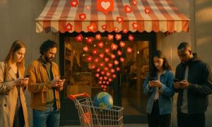 un grupo de personas estén usando el móvil en la calle. Ante ellas, una pequeña tienda de la que sale una nube de iconos de corazones