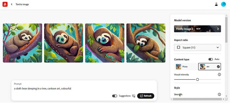 Interfaz del panel de creación de Firefly de Adobe, una de las IA generadoras de imágenes más populares