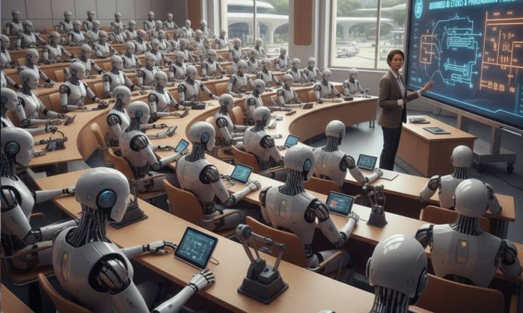 un grupo de robots asisten a una clase en un aula de una universidad