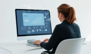 Persona analizando gráficos en pantalla de ordenador; datos y estadísticas en entorno de oficina moderna; tecnología y análisis de mercado.