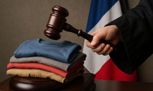 Imagen de un brazo vestido con la toga de un juez sosteniendo un mazo de juez a punto de golpear un montón de ropa ubicada sobre un atril. De fondo se ve la bandera de Francia.