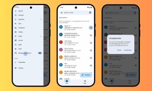 Sobre un fondo degradado naranja se muestran tres capturas de la pantalla de un teléfono móvil. En ellas se aprecia el proceso de uso de la nueva función "Administrar suscripciones" de Gmail