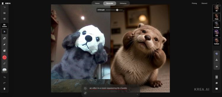 Captura que muestra la función "Camera" de Krea.ai