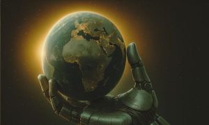 a meditative huge serene quiet robot holds The Earth on the palm of his hand