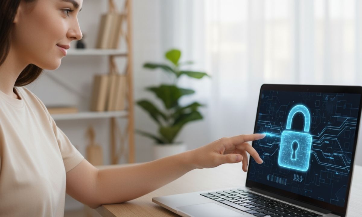 na imagen en formato 16:9 en la que aparezca una chica joven, de unos 20 años, acercando la mano a un ordenador portátil. En la pantalla aparece un icono de un candado en color azul neón. La imagen inspira confianza