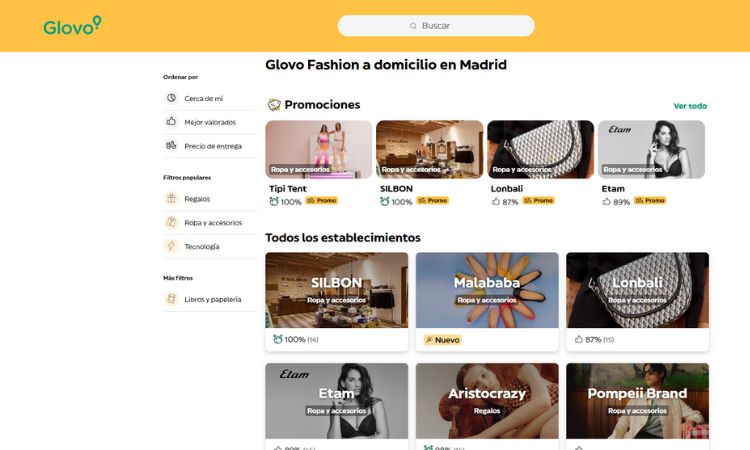 Glovo Fashion en la página web de Glovo