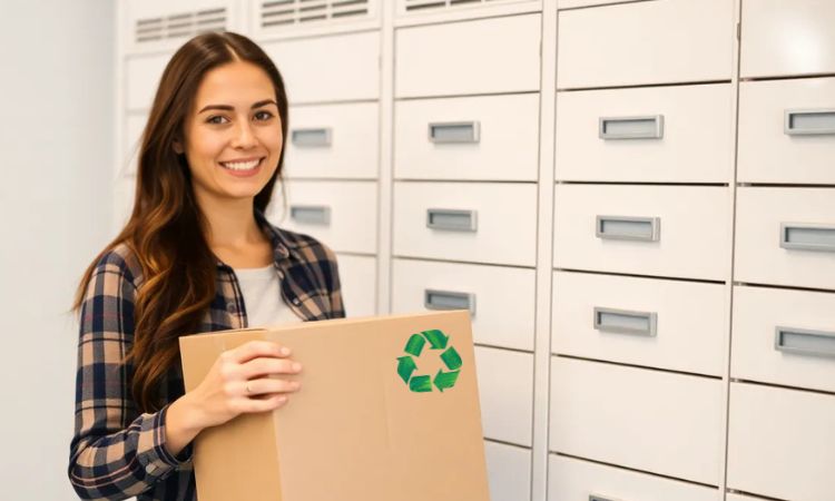 Una mujer sujetando una caja de cartón, cerca de una taquilla donde se depositan paquetes