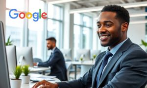 Interior de una oficina moderna en la que trabajan profesionales de la publicidad. En primer plano vemos a un hombre de unos 30 años, de etnia africana y vestido formal. Está concentrado trabajando en su ordenador utilizando la nueva función de Google Ads que permite realizar pruebas de reasignación de presupuesto en Performance Max. El ambiente tiene un esquema de colores en tonos neutros con acentos de azul y blanco brillante, reflejando innovación y modernidad. Grandes ventanales dejan entrar luz natural. Plantas pequeñas decorativas añaden un toque de frescura al espacio.