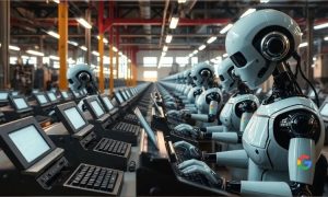 a post industrial factory full of robotic android workers typing on typewriters. There is a google logo on the wall