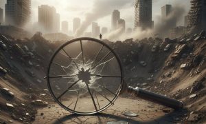 una gigantesca lupa rota yace en el fondo de un cráter en el suelo de una ciudad