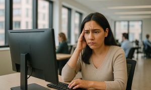 Imagen de una mujer de unos 35 años, de piel morena y pelo oscuro. La mujer tiene gesto de preocupación, está en una oficina trabajando con su ordenador, examinando los resultados de su página web y apreciando que su CTR ha caído a causa de las AI Overviews de Google