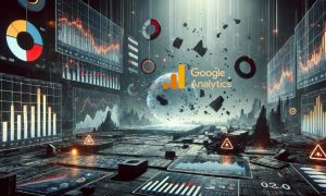 Una imagen horizontal hiperrealista creada con IA que muestra gráficos y tablas de análisis web cayendo en un vacío infinito en un entorno postapocalíptico. El entorno presenta un paisaje urbano futurista, oscuro y en ruinas, con pantallas destrozadas y proyecciones holográficas que muestran tendencias de datos en declive. Los gráficos que caen incluyen elementos como diagramas de barras, gráficos lineales y gráficos circulares que se rompen en el aire, rodeados de escombros y símbolos de advertencia rojos y brillantes. La atmósfera está llena de humo, luz tenue y una sensación de caos y desesperación.