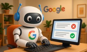 Imagen que muestra un simpático robot redondeado en cuyo pecho se ve la G de Google. El robot está sentando en un escritorio tecleando en su ordenador. En la pantalla del ordenador se ven unas líneas que representan texto, en el párrafo superior hay una X roja (señal de que estaba mal) y en la versión inferior un tic verde (indicando que se ha corregido). La oficina en la que está el robotito es de Google, acogedora y agradable. El estilo de la imagen es 3D.