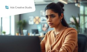 una mujer de rasgos indios de unos 35 años está sentada en el interior de una oficina de una empresa de publicidad. La mujer está usando su ordenador con cara de preocupación. El ambiente es creativo y luminoso. En la esquina superior izquierda de la imagen se ve el logo de Ads Creative Studio de Google