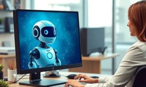 una mujer joven en una oficina, delante de un ordenador. En la pantalla del ordenador, una imagen espectacular de un robot amistoso y simpatico