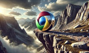 Imagen de el icono de Chrome al borde de un precipicio elevado y rocoso