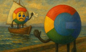 un logo de Google se despida agitando un pañuelo con la mano mientras llora y se aleja en un barco. En primer plano, de espaldas, otro logo de google, pero mucho más grande