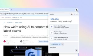 Sobre un fondo degradado azul y rosa claros, de la esquina inferior izquierda emerge una vista de Google Chrome en la que se aprecian las nuevas funciones de IA de Gemini