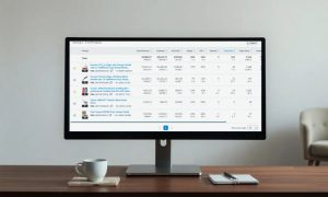 Pantalla de ordenador muestra datos analíticos; mesa con taza y cuaderno en oficina minimalista. Información clave para optimización y marketing digital.