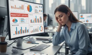 una trabajadora que está ante su ordenador, con la cabeza apoyada en una mano, con aspecto de fatiga, mientras en la pantalla del ordenador aparecen gráficos y estadísticas