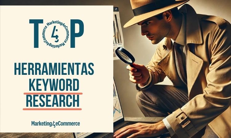 un inspector con gabardina y sobrero se agacha con su lupa a observar un ordenador del que salen gráficas de analytics