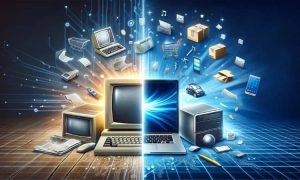 En el centro de la imagen se ve un ordenador cuya parte izquierda representa un ordenador de mesa antiguo y la derecha un portátil moderno. A su alrededor aparecen diferentes elementos que evocan a la evolución de la historia del ecommerce en España como paquetes, carritos, catálogos de producto, ordenadores, móviles, etc.