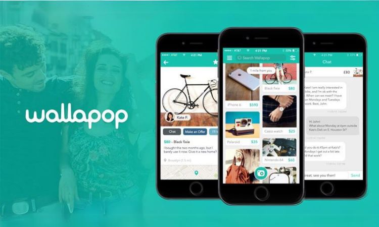 Sobre un fondo azul se ven tres móviles en cuya pantalla aparecen distintas vistas de la app de Wallapop. Junto a estos aparece el logo de la app