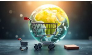 un planeta al fondo, un carrito de la compra en primer plano representa historia del comercio electrónico