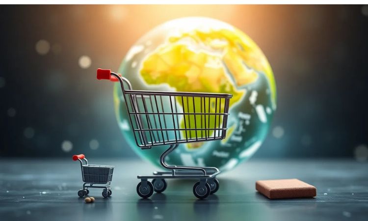 un planeta al fondo, un carrito de la compra en primer plano representa historia del comercio electrónico