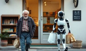 an old man walking out from a little shop. Besides him, close to him, accompanying him, walks an android robot. The robot is carrying all his bags