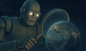 un robot gigantesco, desde el espacio, esté viendo la Tierra de noche a través de una lupa