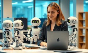lots of cute robots helping a young woman on a desk on a office