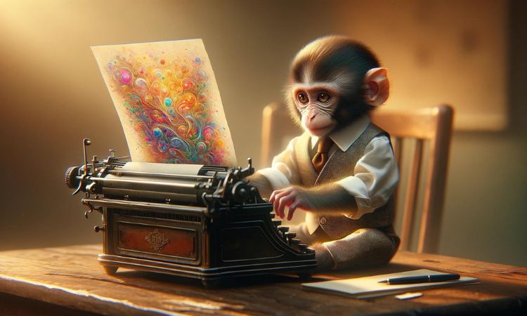 Mono pequeño tecleando en una máquina de escribir con un papel colorido, en una mesa de madera bien iluminada. Creatividad y curiosidad.
