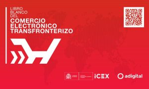Portada roja con texto "Libro Blanco del Comercio Electrónico Transfronterizo", logotipos de ICEX y adigital; fondo mapa mundial, código QR arriba.