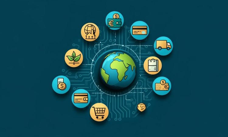 Planeta rodeado de íconos tecnológicos: carrito de compras, dinero, camión, planta, engranaje, sobre fondo azul. Transición digital y sostenibilidad.