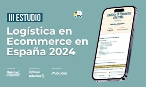 Teléfono mostrando informe, "Logística en Ecommerce en España 2024". Fondo azul con texto blanco. Logos de Marketing4eCommerce, Packlink, eLogia. Ideal para estrategias de marketing.