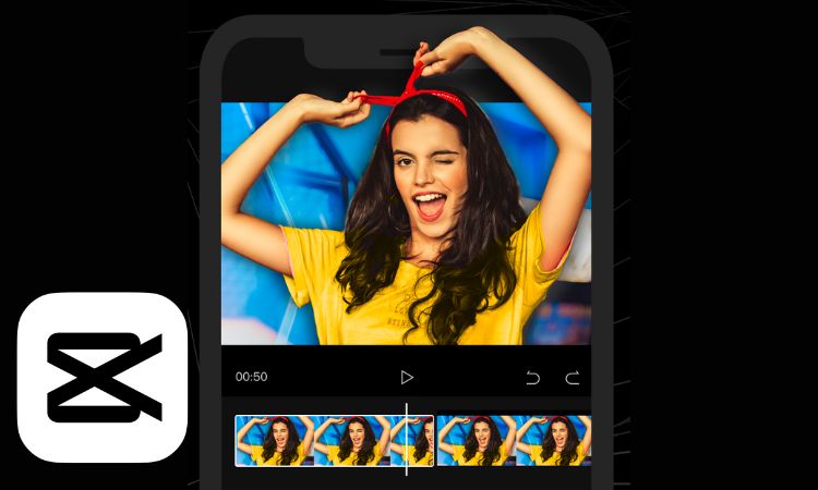 Imagen que muestra un teléfono móvil en el que se ve el panel de edición de CapCut, en él se está esditando el clip de una chica blanca de pelo negro que se está atando una pañoleta con un lazo en la cabeza.