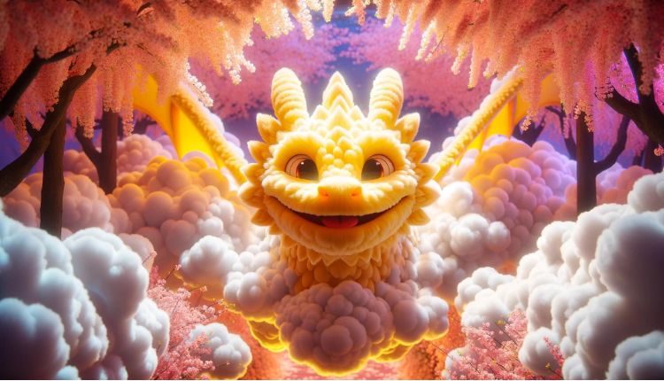 Imagen creada con la IA generadora de imágenes DALL-E3 en GPT4 de un sonriente dragón amarillo hecho de nubes sobre un jardín de cerezos