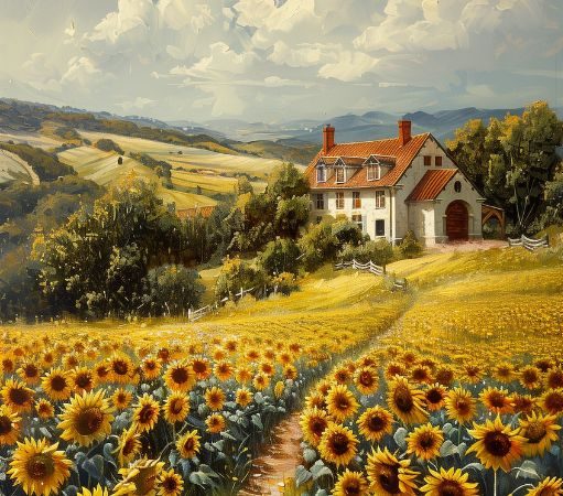 Imagen creada con la IA generadora de imágenes Midjourney que muestra una casa en el campo, tras ella se ven montañas y un cielo nuboso, y ante esta un sendero enmarcado por un campo de girasoles