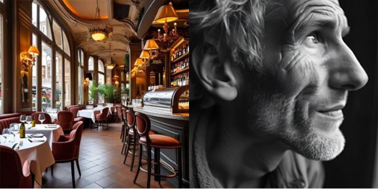 Dos imágenes generadas con la IA de Nova Canvas. A la izquierda la obra se generó bajo la descripción "un restaurante francés muy elegante" y la de la derecha con el prompt "Fotografía en blanco y negro, estudio de personajes, múltiples ángulos"