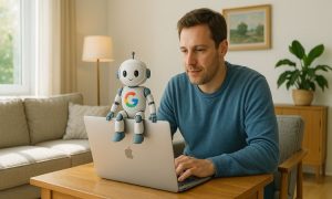 Imagen de un hombre sentado en una mesa en su salón. El hombre está utilizando su ordenador, y sobre su pantalla está sentado un robotito de Google, representando las AI Overviews