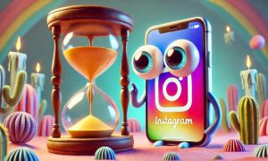 Un simpático teléfono móvil con ojos saltones y extremidades en cuya pantalla se ve el logo de Instagram está observando un reloj de arena gigante. La imagen es agradable y fantasiosa