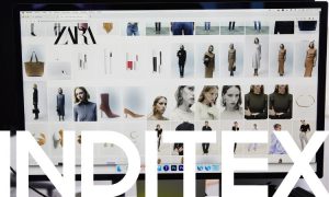 logotipo de inditex sobre la imagen en ordenador de una de sus tiendas online