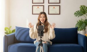 Imagen de una mujer influencer china de unos 20 años grabando un vídeo en su salón. La vemos de frente, sentada en su sofá y, tras ella, hay dos diplomas colgados en la pared. Frente a la mujer su móvil, sostenido por un trípode, graba la escena. Estilo realista