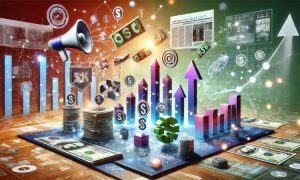 Gráficos tridimensionales suben dinámicamente; billetes, monedas y gráficas flotan sobre fondo digital con flechas ascendentes, simbolizando crecimiento económico y marketing.