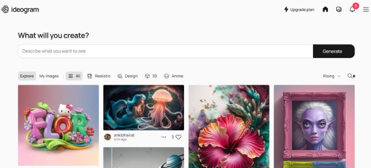 Captura de pantalla de la página de inicio de la IA generadora de imágenes Ideogram