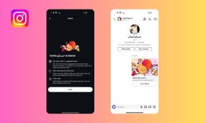 Sobre un fondo degradado rosa y amarillo aparecen dos vistas de pantalla de teléfono en las que se muestra el funcionamiento de Blend, la futura función de Instagram para compartir Reels